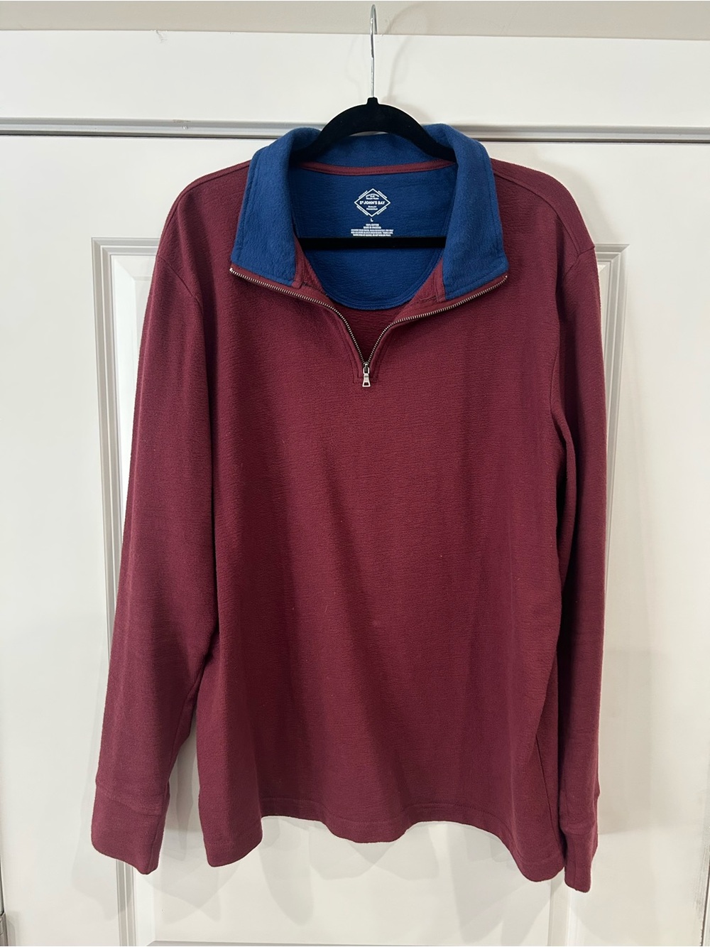 St. John's Bay Men's Burgundy Quarter-Zip Sweater with Blue Collar
